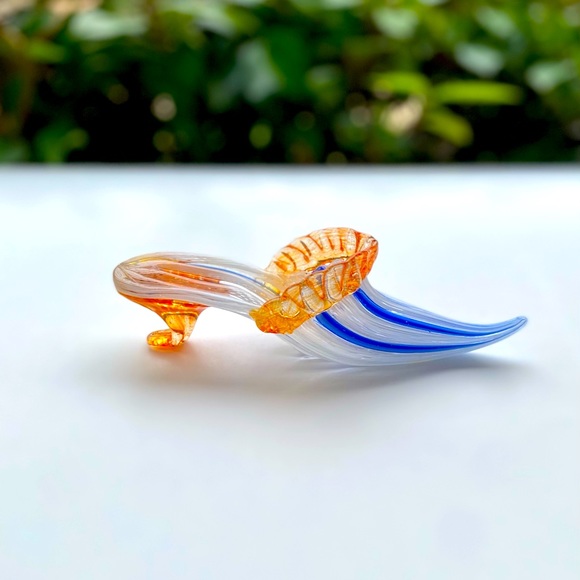 Handcrafted Arte Murano Icet Hecho en Venezuela Orange & Blue Glass Slipper Shoe - Picture 4 of 7